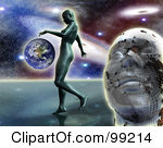 99214-Royalty-Free-RF-Clipart-Illustration-Of-A-3d-Mans-Face-With-A-Woman-Walking-Near-Earth-Against-The-Galaxy